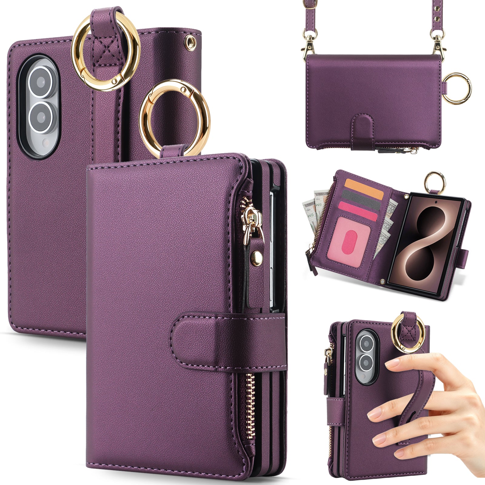Multi-angle product views of the Dark Purple leather Samsung Galaxy Z Fold 8 crossbody case showing camera cutouts, zipper pocket, metal ring handle, and hand grip.