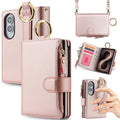 Multi-angle product views of the Pink Samsung Galaxy Z Fold 8 crossbody case showing camera cutouts, zipper pocket, metal ring handle, and hand grip.