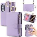 Multi-angle product views of the Purple leather Samsung Galaxy Z Fold 8 crossbody case showing camera cutouts, zipper pocket, metal ring handle, and hand grip.