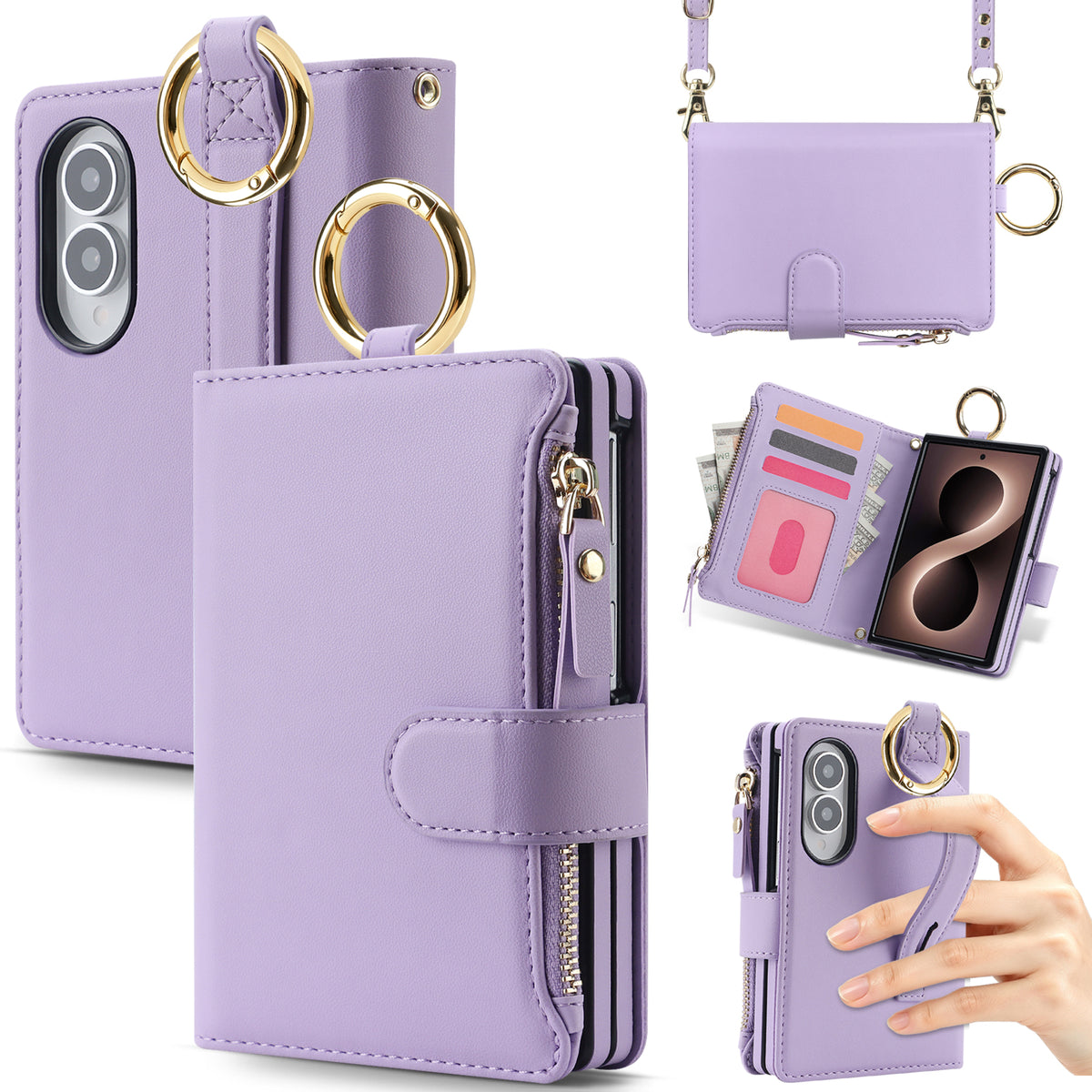 Multi-angle product views of the Purple leather Samsung Galaxy Z Fold 8 crossbody case showing camera cutouts, zipper pocket, metal ring handle, and hand grip.