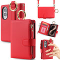 Multi-angle product views of the Red Samsung Galaxy Z Fold 8 crossbody case showing camera cutouts, zipper pocket, metal ring handle, and hand grip.