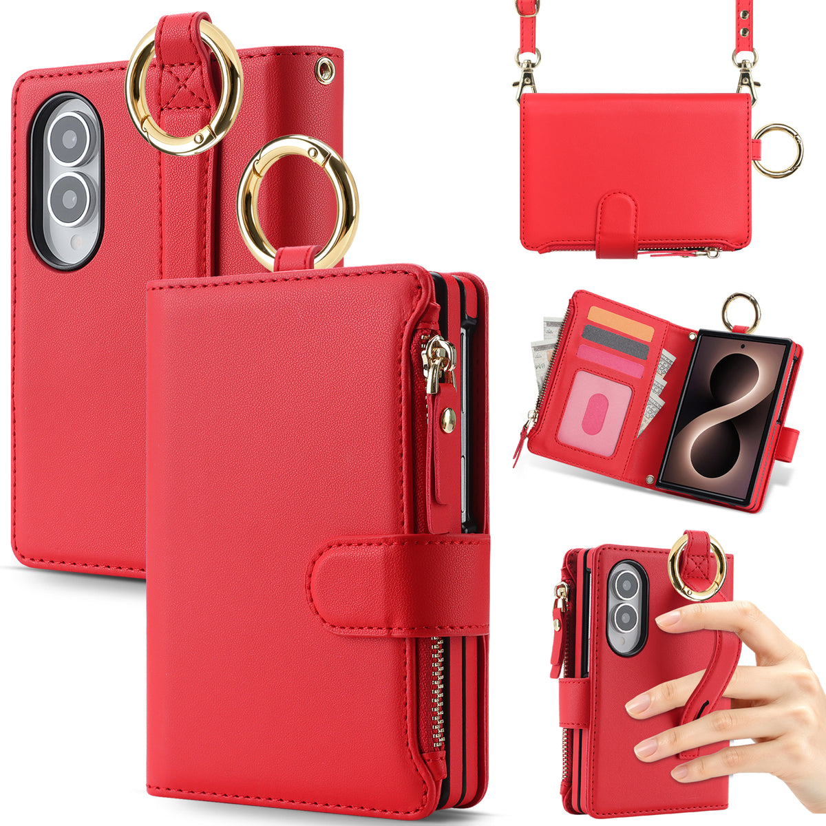Multi-angle product views of the Red Samsung Galaxy Z Fold 8 crossbody case showing camera cutouts, zipper pocket, metal ring handle, and hand grip.
