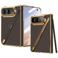 Multi-angle product view of the brown Kevlar weave case for iPhone DUO shown in open and folded cover positions with its gold electroplated frame and removable stylus pen.