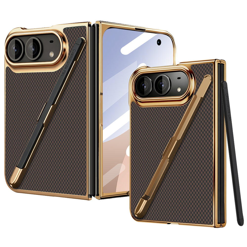 Multi-angle product view of the brown Kevlar weave case for iPhone DUO shown in open and folded cover positions with its gold electroplated frame and removable stylus pen.