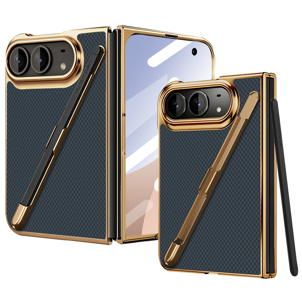 Multi-angle product view of the dark blue Kevlar weave case for iPhone DUO shown in open and folded cover positions with its gold electroplated frame and removable stylus pen.