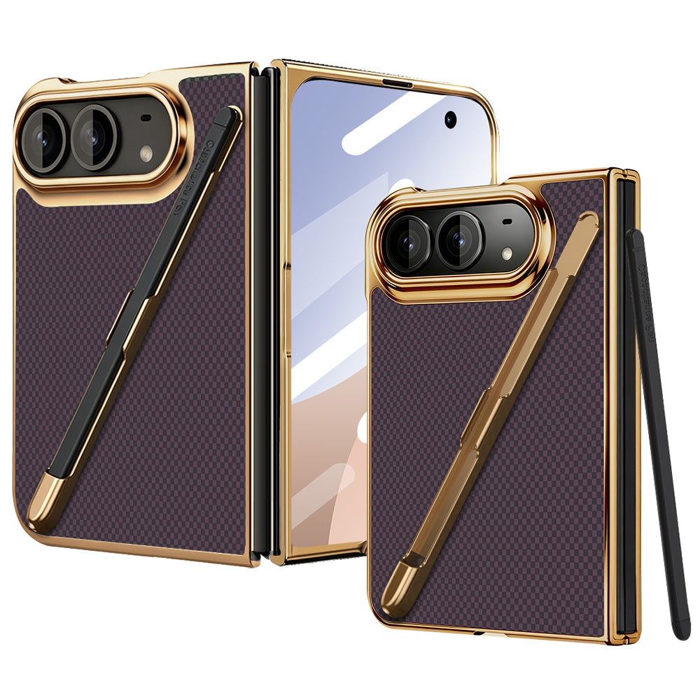 Multi-angle product view of the deep purple Kevlar weave case for iPhone DUO shown in open and folded cover positions with its gold electroplated frame and removable stylus pen.