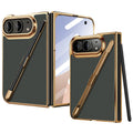 Multi-angle product view of the green Kevlar weave case for iPhone DUO shown in open and folded cover positions with its gold electroplated frame and removable stylus pen.