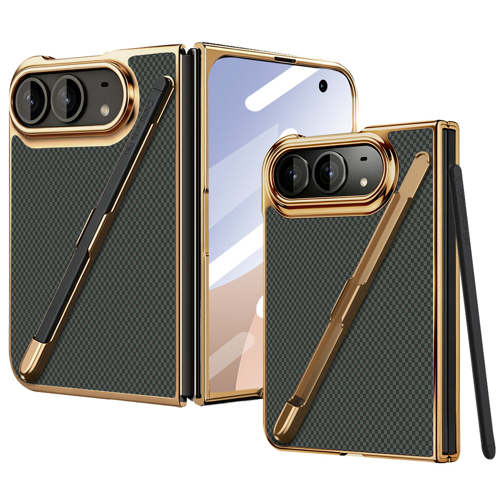 Multi-angle product view of the green Kevlar weave case for iPhone DUO shown in open and folded cover positions with its gold electroplated frame and removable stylus pen.
