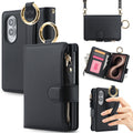 Multi-angle product views of the black leather Samsung Galaxy Z Fold 8 crossbody case showing camera cutouts, zipper pocket, metal ring handle, and hand grip.