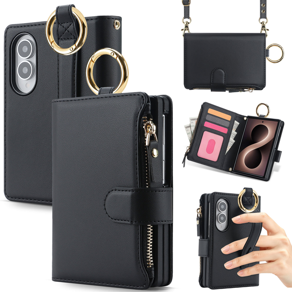 Multi-angle product views of the black leather Samsung Galaxy Z Fold 8 crossbody case showing camera cutouts, zipper pocket, metal ring handle, and hand grip.
