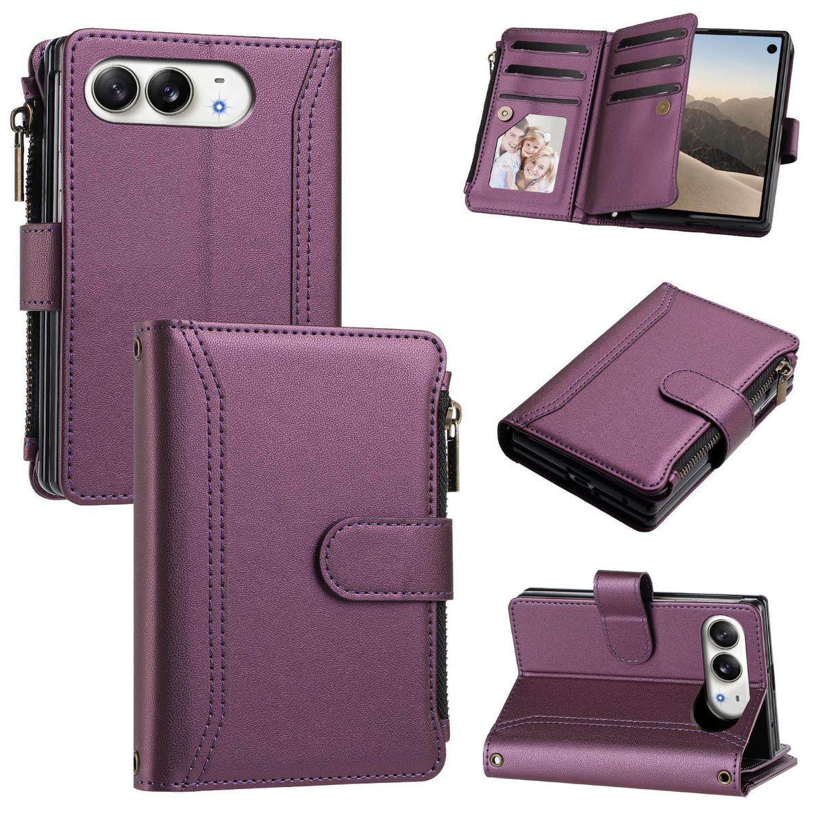 Multi-angle view of purple leather wallet case for iPhone DUO showing closed cover, camera cutout, card slots flap, zippered purse, and kickstand feature.