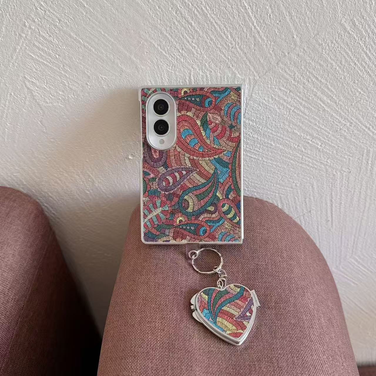 Side profile view showing slim folding hinge fit of the Samsung Galaxy Z Fold 8 tapestry case.
