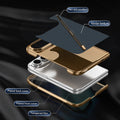 Multi-layer exploded view diagram of the iPhone DUO case illustrating the pen slot position, Kevlar texture layer, plated back cover, plated front cover, and integrated tempered film.