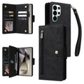 Multi-view breakdown of classic black leather wallet case featuring exterior zipper pocket, credit card slots, ID window, and wrist strap.