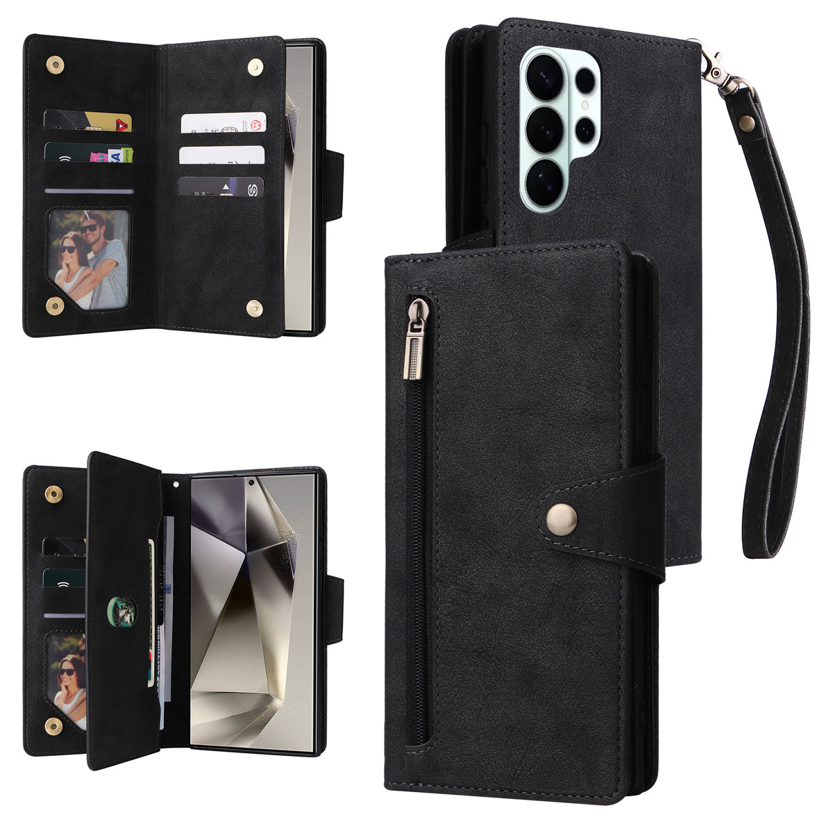 Multi-view breakdown of classic black leather wallet case featuring exterior zipper pocket, credit card slots, ID window, and wrist strap.