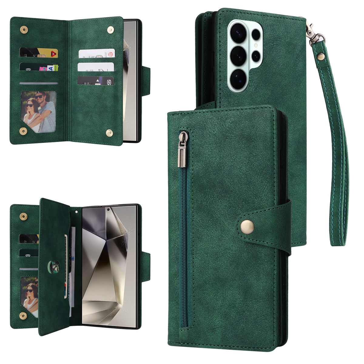 Multi-view breakdown of deep forest green leather wallet case showing outer zipper pocket, internal card slots, photo ID window, and phone shell.