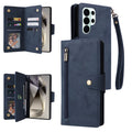 Multi-view breakdown of navy blue leather wallet case showing front zipper pouch, wristlet strap, internal card storage, and magnetic closure.