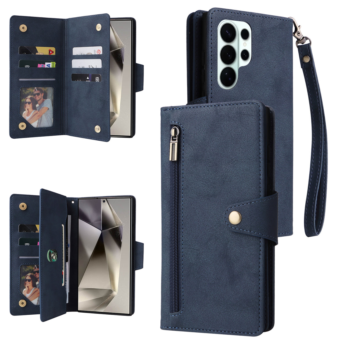 Multi-view breakdown of navy blue leather wallet case showing front zipper pouch, wristlet strap, internal card storage, and magnetic closure.