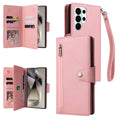 Multi-view breakdown of soft rose pink leather wallet case showing outer zip pocket, wristlet strap, inner card organizer, and phone pocket.