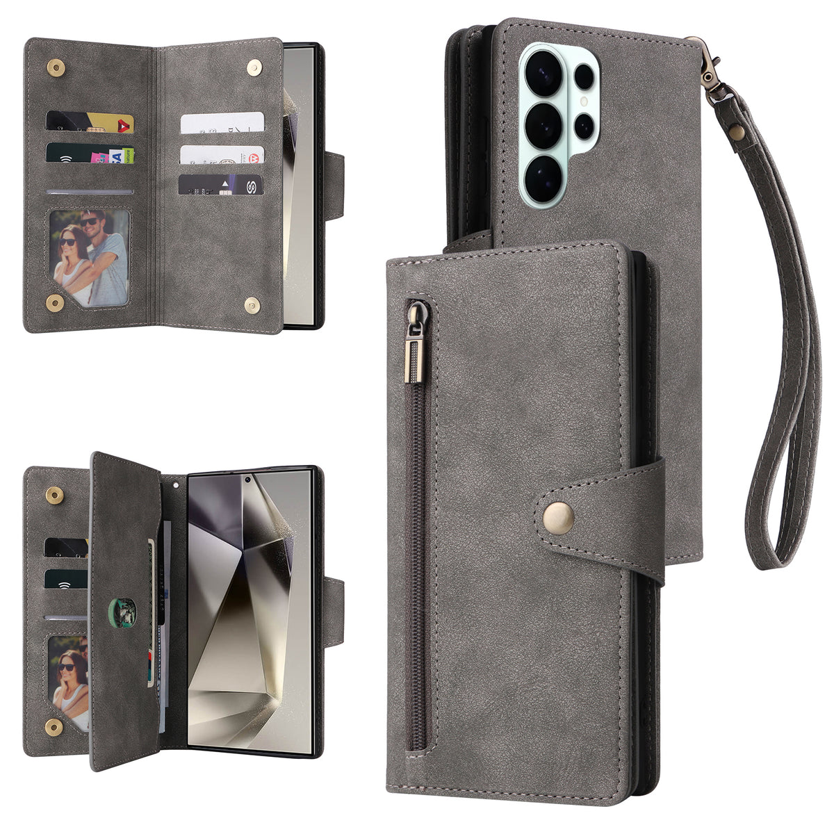 Multi-view breakdown of vintage grey leather wallet case showing outer zipper pocket, open card slots, cash compartment, and photo frame.