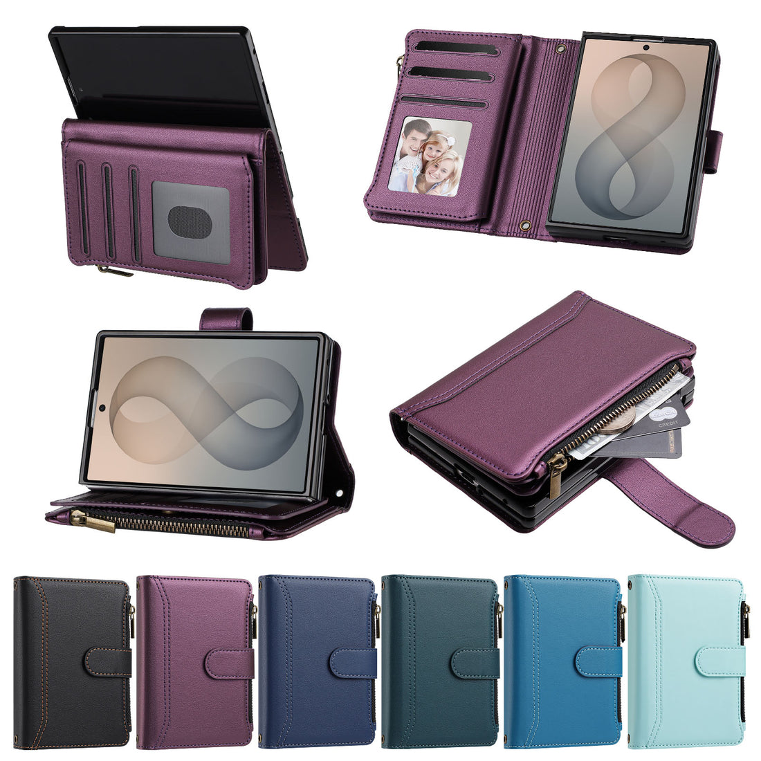 Multi-view composite of purple leather wallet case for Samsung Galaxy Z Fold 8 detailing kickstand, card organizer flap, zipper purse, and 6 color options.