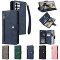 Multi-view feature breakdown showing navy blue leather wallet case open, closed, with kickstand, and color variants.