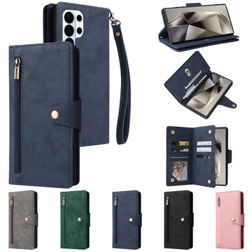 Multi-view feature breakdown showing navy blue leather wallet case open, closed, with kickstand, and color variants.