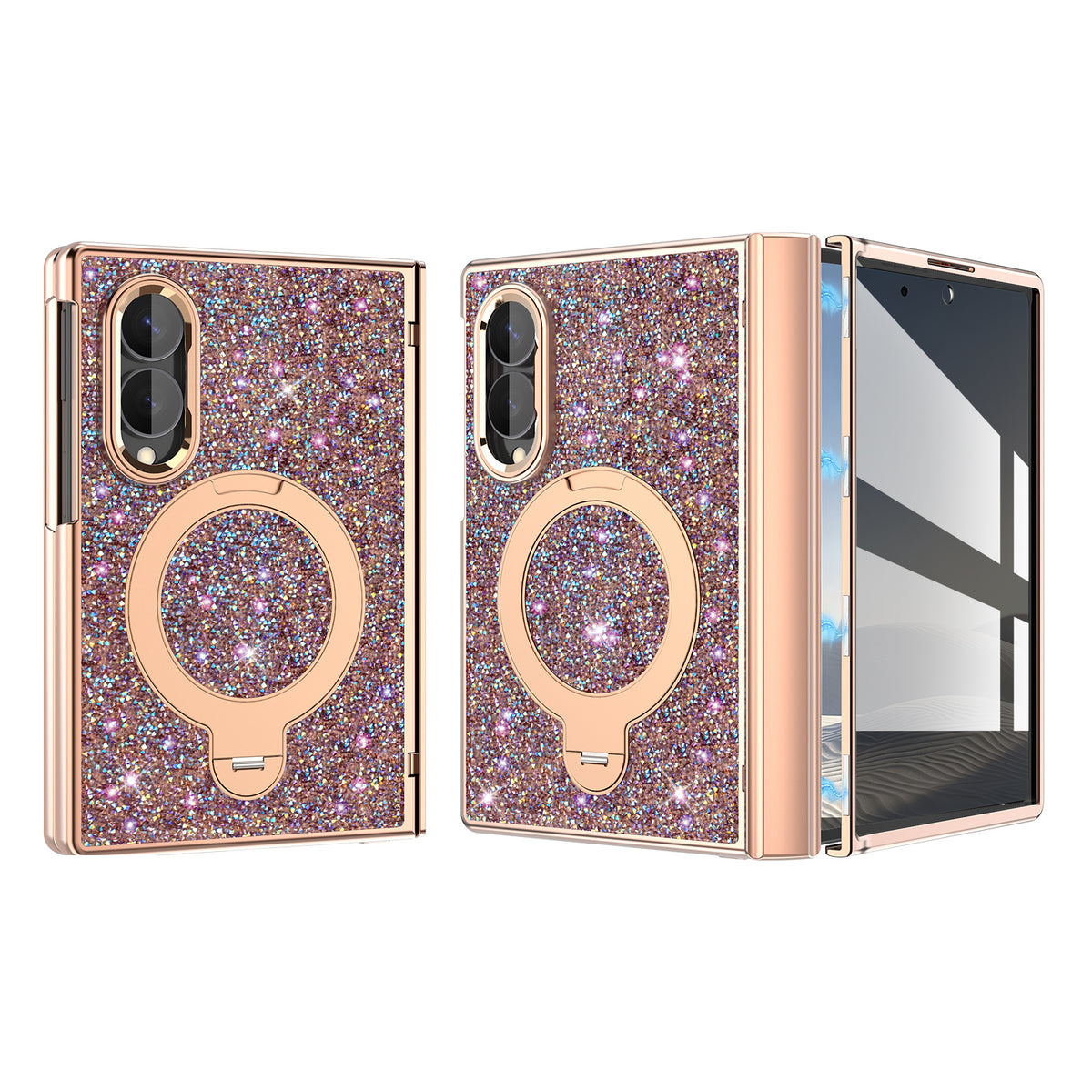 Multicolor luxury glitter case for Samsung Galaxy Z Fold 8 featuring a multi-tone sparkling diamond overlay, rose gold frame, rotating ring stand, and magnetic hinge cover.
