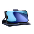 Navy Blue leather folio case for iPhone 18 Pro folded in landscape kickstand model