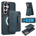 Navy blue 2-in-1 magnetic detachable leather wallet case for Samsung Galaxy showing wireless charging compatibility ring, multi-angle kickstand, and interior card slots