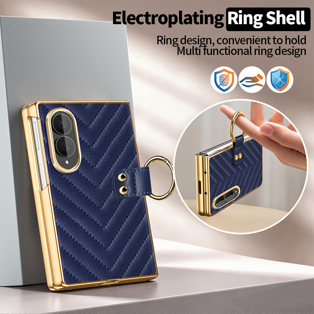 Navy blue Samsung Galaxy Z Fold 8 case featuring multi-functional electroplated gold ring holder shell