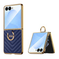 Navy blue chevron leather cover for Samsung Galaxy Z Flip showcasing built-in gold ring grip and folded angle view