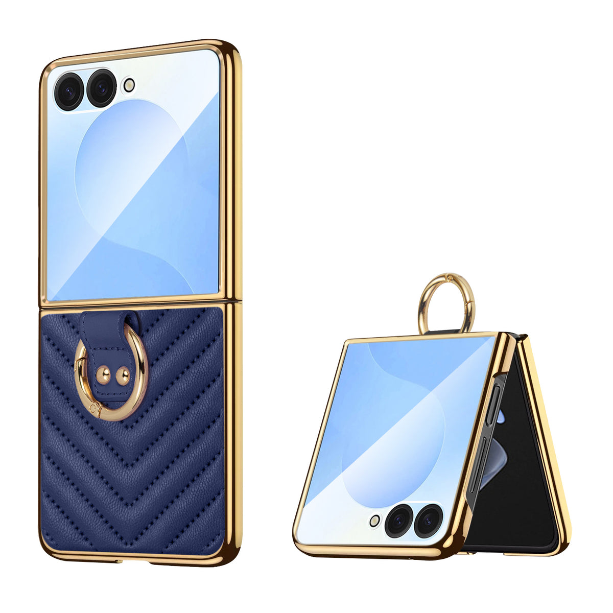 Navy blue chevron leather cover for Samsung Galaxy Z Flip showcasing built-in gold ring grip and folded angle view