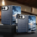 Navy blue crocodile texture vegan leather cover for Apple iPhone DUO in folded and open screen positions.