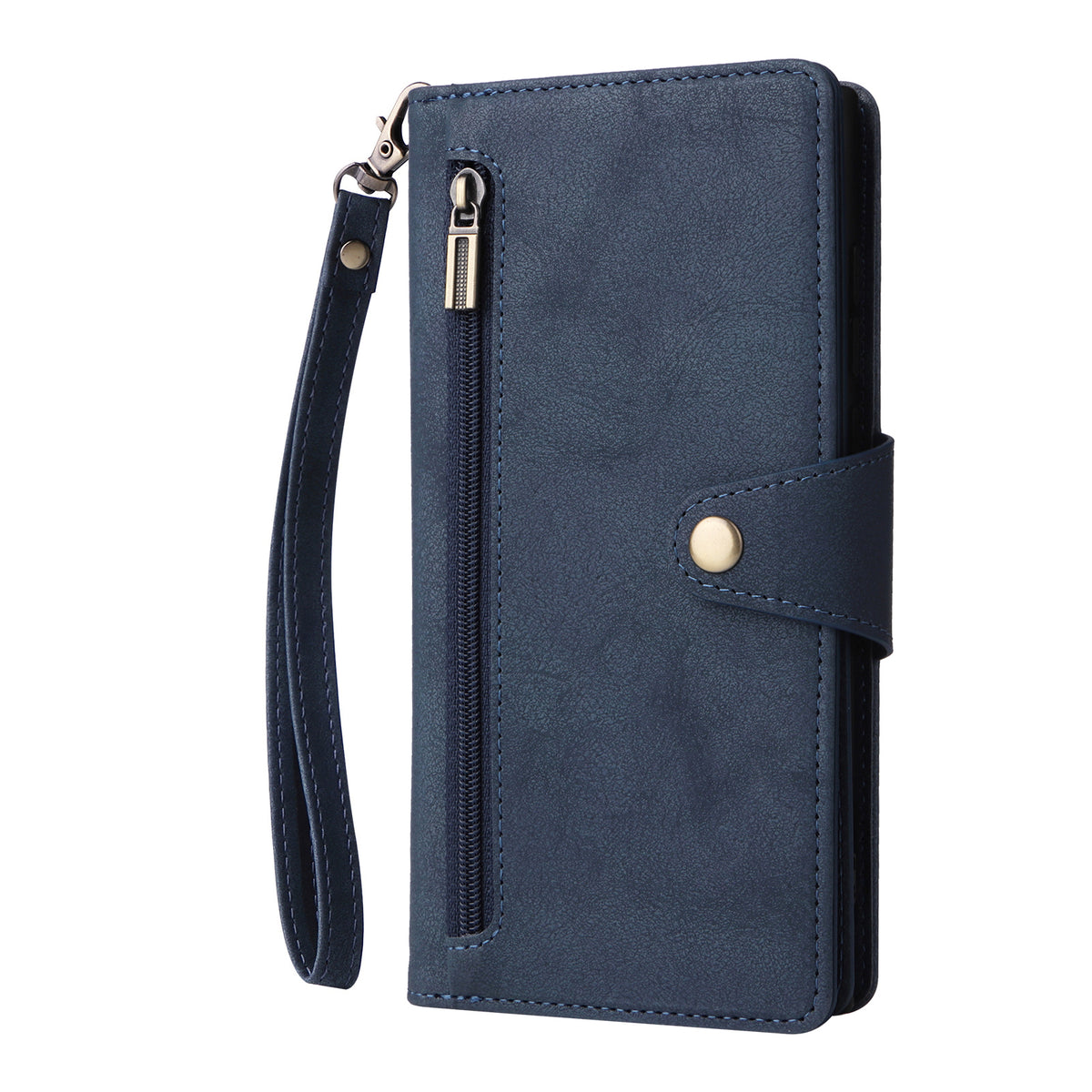 Navy blue leather wallet phone case closed view with bronze button snap closure and wristlet.