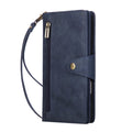 Navy blue retro leather wallet case for iPhone 17 Pro with side zipper pocket