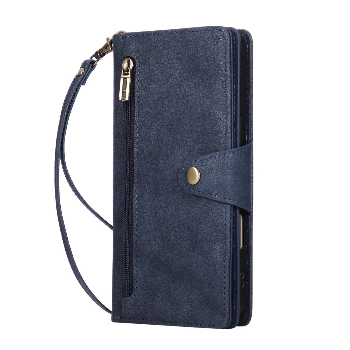 Navy blue retro leather wallet case for iPhone 17 Pro with side zipper pocket