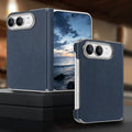 Navy blue vegan leather protective case for iPhone DUO displaying folding hinge mechanism and rear camera cutout.