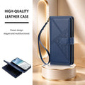 Navy blue woven leather case displayed on a pedestal with attached wrist strap alongside an open view showing inner phone housing and card slots.