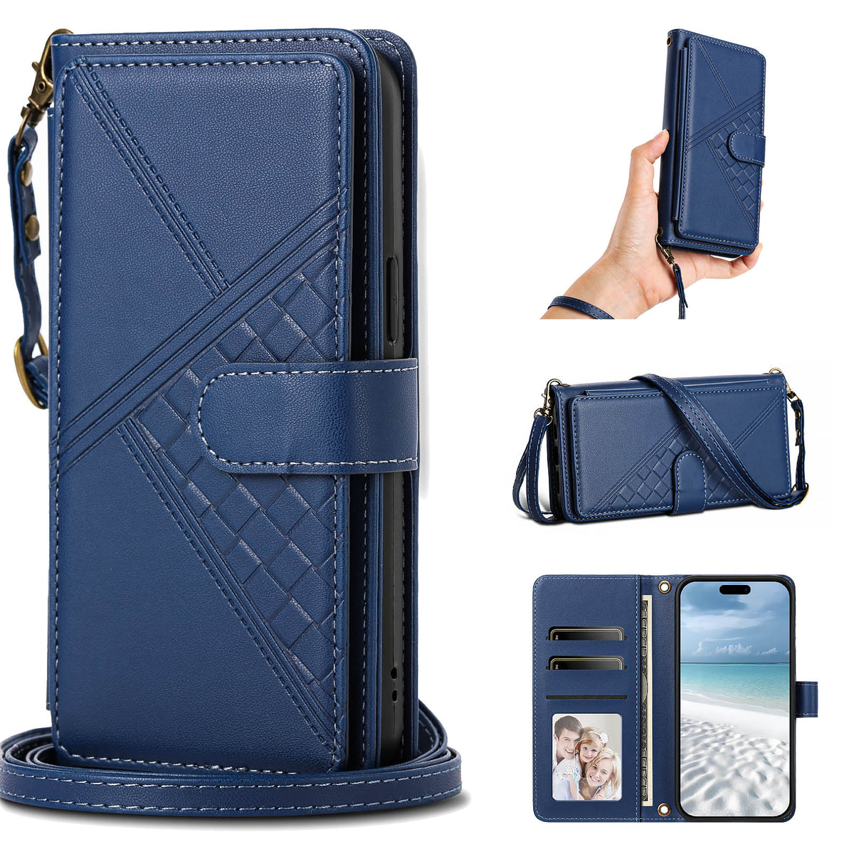 Navy blue woven leather crossbody wallet case for iPhone displaying full composite views, including front magnetic flap, hand wristlet wear, shoulder strap wear, interior card slots, photo ID window, and cash pocket.