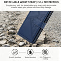 Navy blue woven leather phone wallet case positioned on a cracked ground graphic illustrating 360-degree shockproof corner protection.
