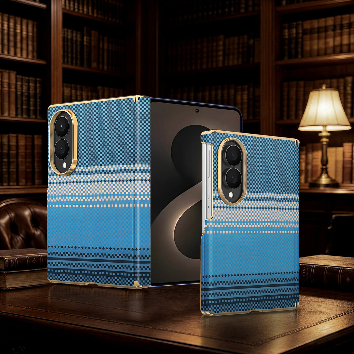 Ocean blue woven pattern Samsung Galaxy Z Fold 8 slim cover displayed open and folded on a classic dark wood desk