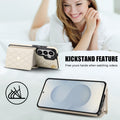 Off-white Samsung Galaxy leather wallet case standing horizontally using back accordion wallet flap as a kickstand for hands-free video viewing