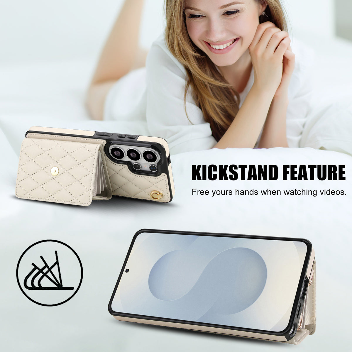 Off-white Samsung Galaxy leather wallet case standing horizontally using back accordion wallet flap as a kickstand for hands-free video viewing