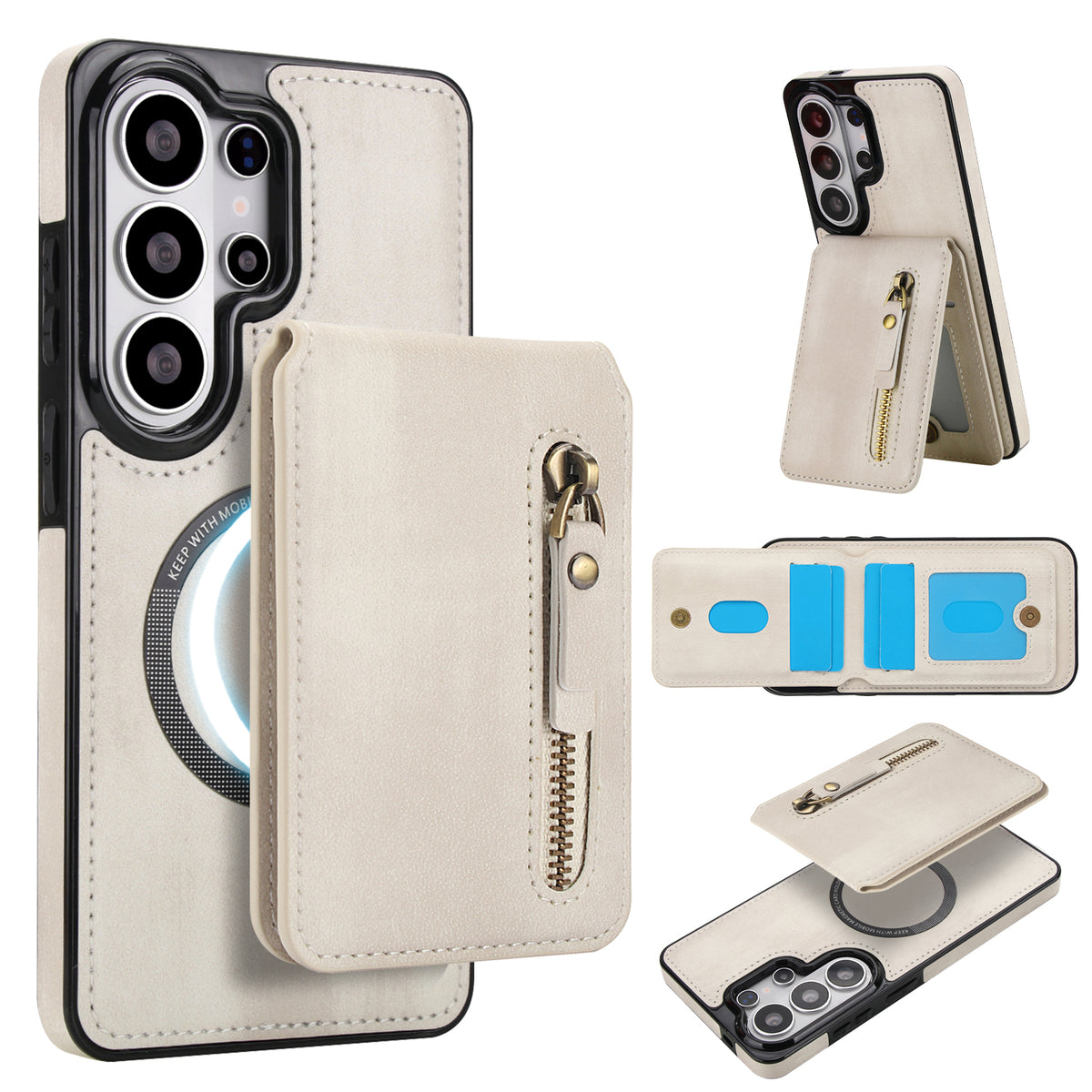 Off-white cream 2-in-1 magnetic detachable leather wallet case for Samsung Galaxy showing wireless charging compatibility ring, multi-angle kickstand, and interior card slots