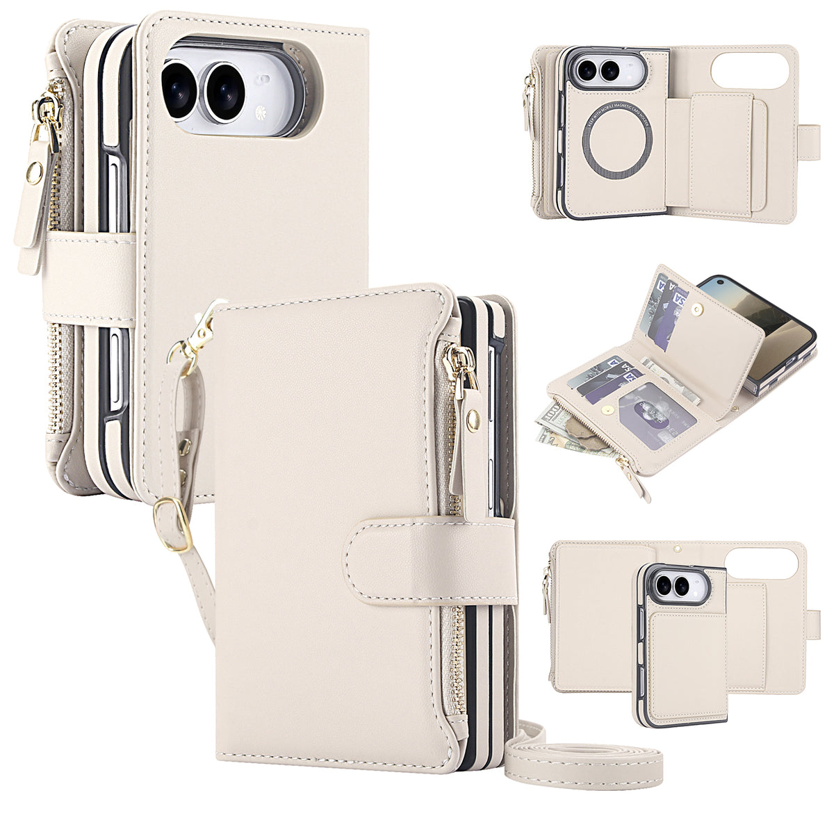 Off-white leather detachable crossbody wallet case for iPhone DUO displaying card slots, zipper pocket, and slim magnetic inner cover.