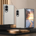 Off-white leather folding smartphone case with magnetic ring accent and clear protective frame, shown open and closed on display pedestal.