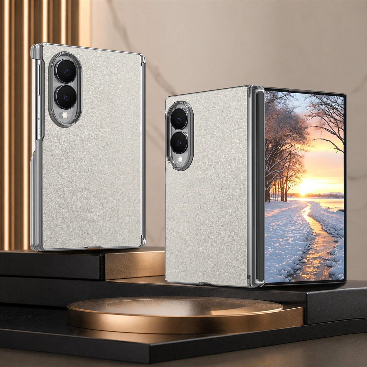Off-white leather folding smartphone case with magnetic ring accent and clear protective frame, shown open and closed on display pedestal.