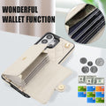 Off-white quilted leather Samsung Galaxy case opening to show expandable accordion card slots holding credit cards and cash