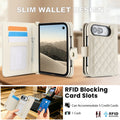 Off-white quilted leather case for iPhone DUO demonstrating slim wallet design with RFID blocking card slots holding cards and cash.